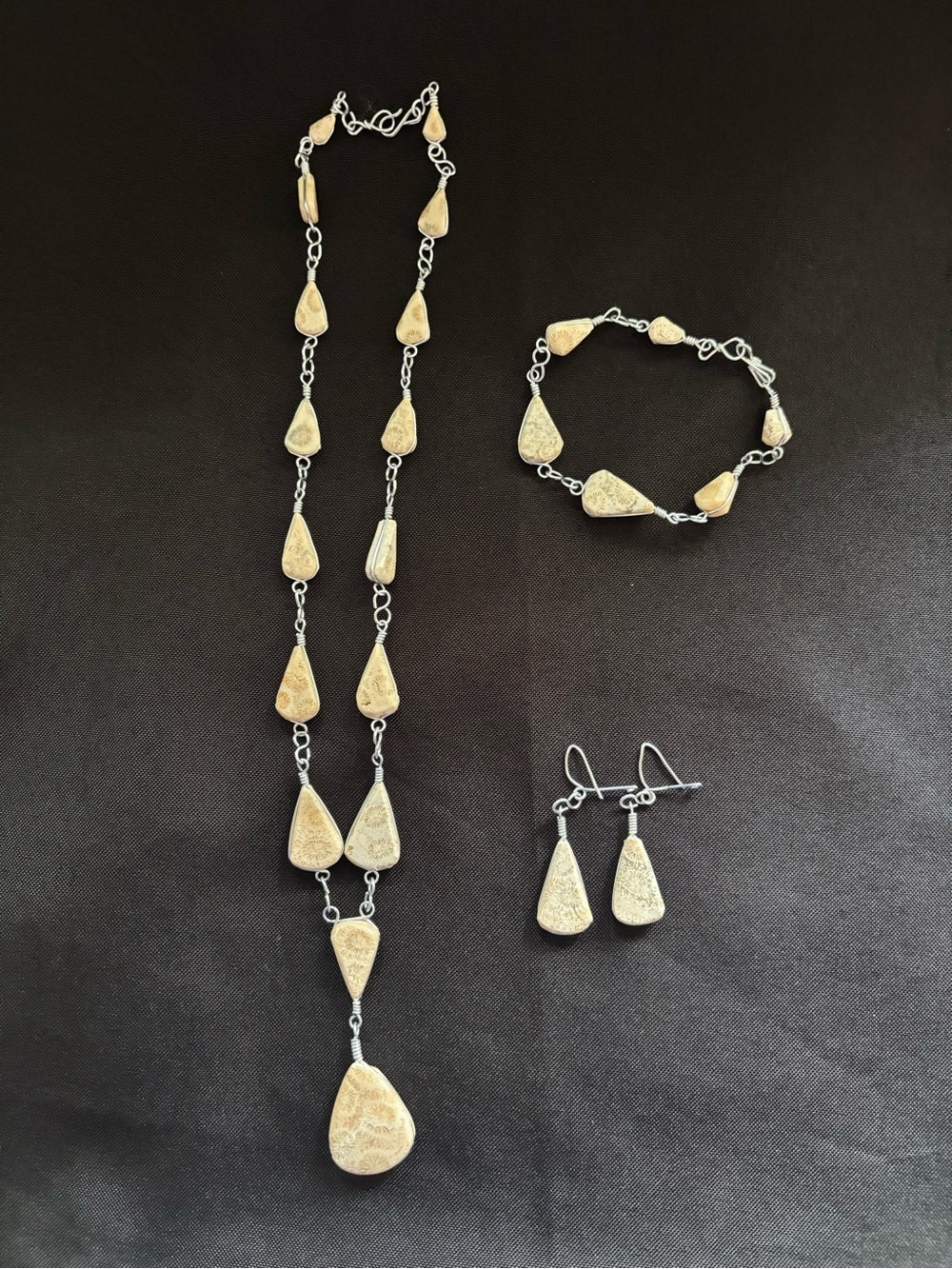 Handcrafted 3 Piece Beige Teardrop Necklace, Bracelet & Earring Set